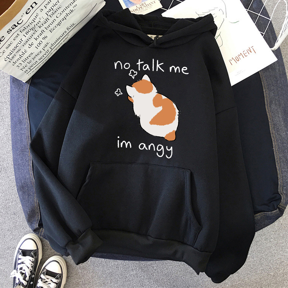 No Talk Me-Sudadera con capucha con estampado de gato enojado para mujer, sudaderas suaves de Hip Hop, jerséis de lana informales, ropa de calle de lana de gran tamaño para mujer