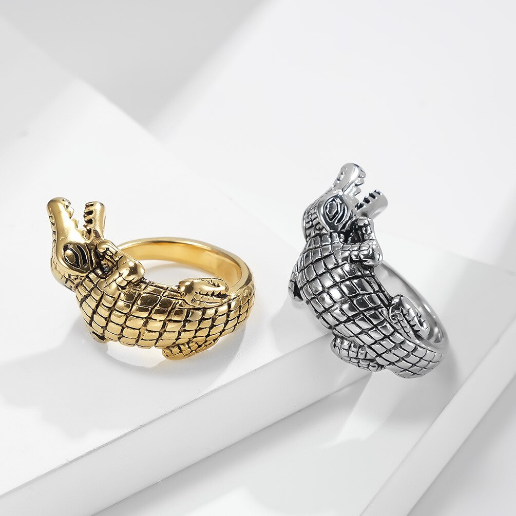 Anello Design coccodrillo in acciaio inossidabile per uomo donna taglia 8-12