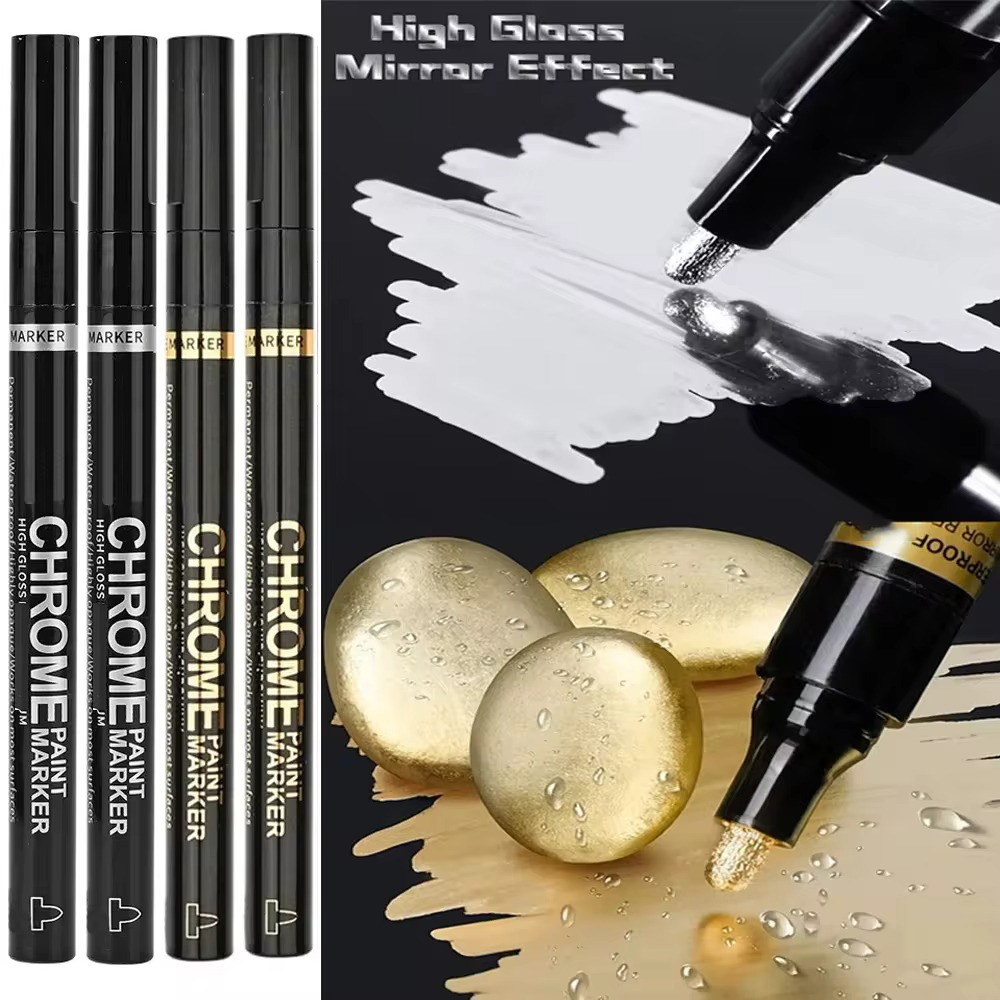 5/1 stücke Chrom Stift Marker Spiegel Wasserdichte Farbe Reparatur Für Rock Keramik Glas Metallic Gold/Silber 2mm Spitze