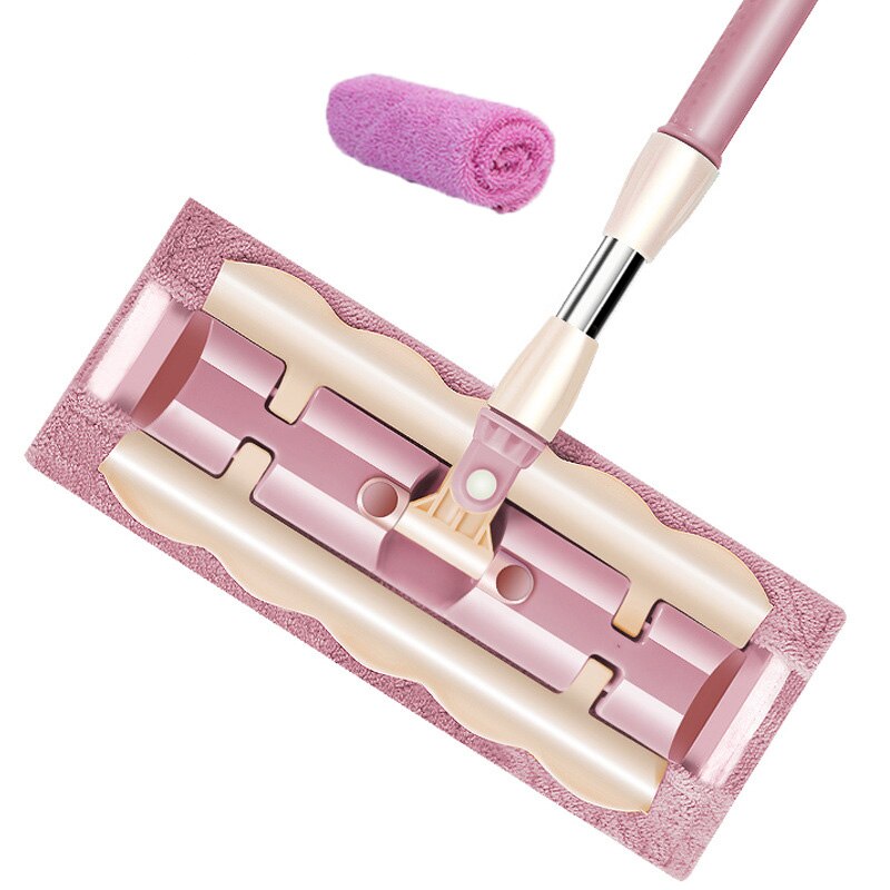 Flat Mop Floor Cleaning Mop 360 Degree Microfiber Broom Rotating Superfine Fiber Swabs wash flat Household Cleaning Tools: Pink-2 mop cloth