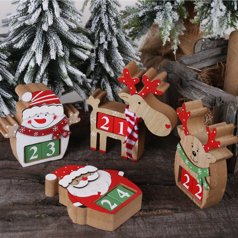Santa Claus Wooden Advent calendar Snowman Elk Calendar Ornaments Kid Christmas Decor Cartoon Ornaments