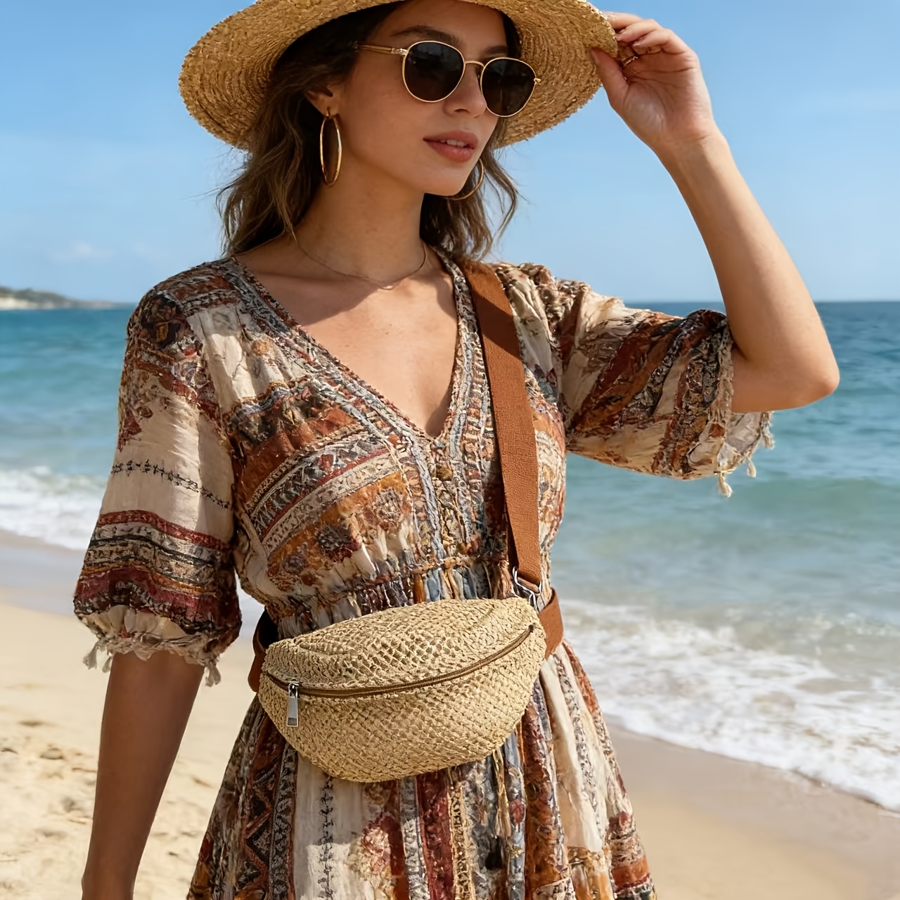 Leichte gewebte Schlinge-Hüfttasche, lässige Sommer-Umhängetasche für Strand, Reisen, tägliche Ausflüge und