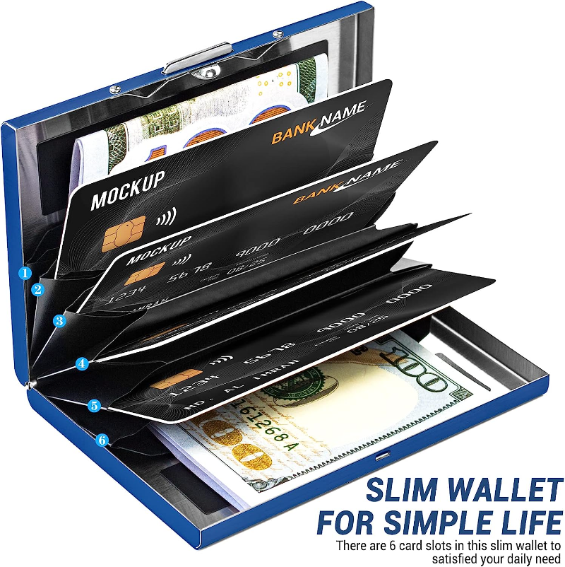 Anti-escaneo RFID 6 tarjetas de gran capacidad de aluminio Metal tarjetero de crédito funda tipo billetera con bloqueo delgado protección para tarjetas de visita: Azul