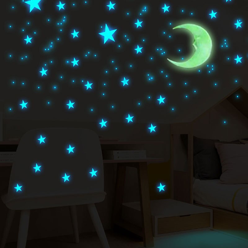 3d lysende klistermærker til dekoration af børneværelset og soveværelse indretning stjerneklar blå lysstjerner og månekombination væg klistermærke