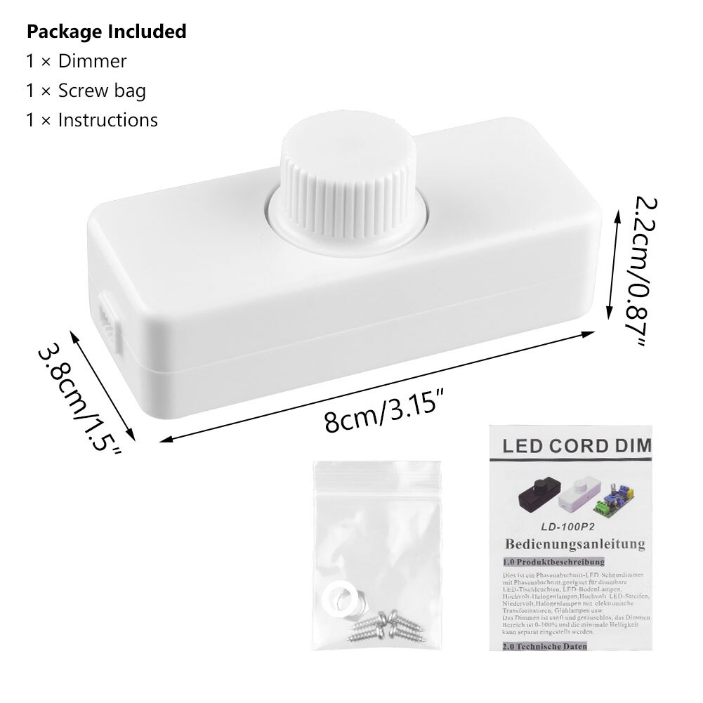 Inline LED Dimmer Switch Built-in Rotary ON/OFF And Knob Control Dimmer For Dimmable 3-100W LED/Incandescent/Halogen Bulbs: White