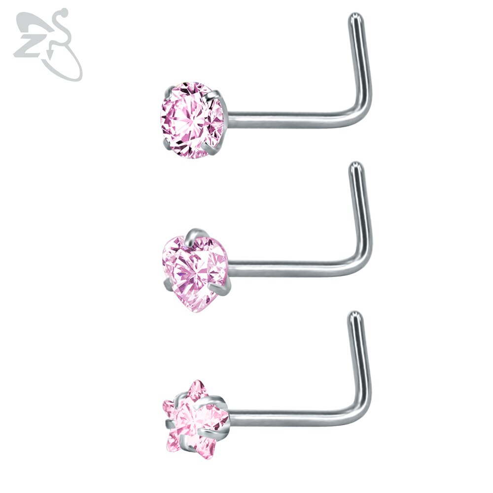 Zs piercing de nariz em aço inoxidável 3-12 porcelana, conjunto de pino redondo, estrela, coração, cristal cz, nariz, 3mm, forma de l, joia de piercing 20g: G-3pcs