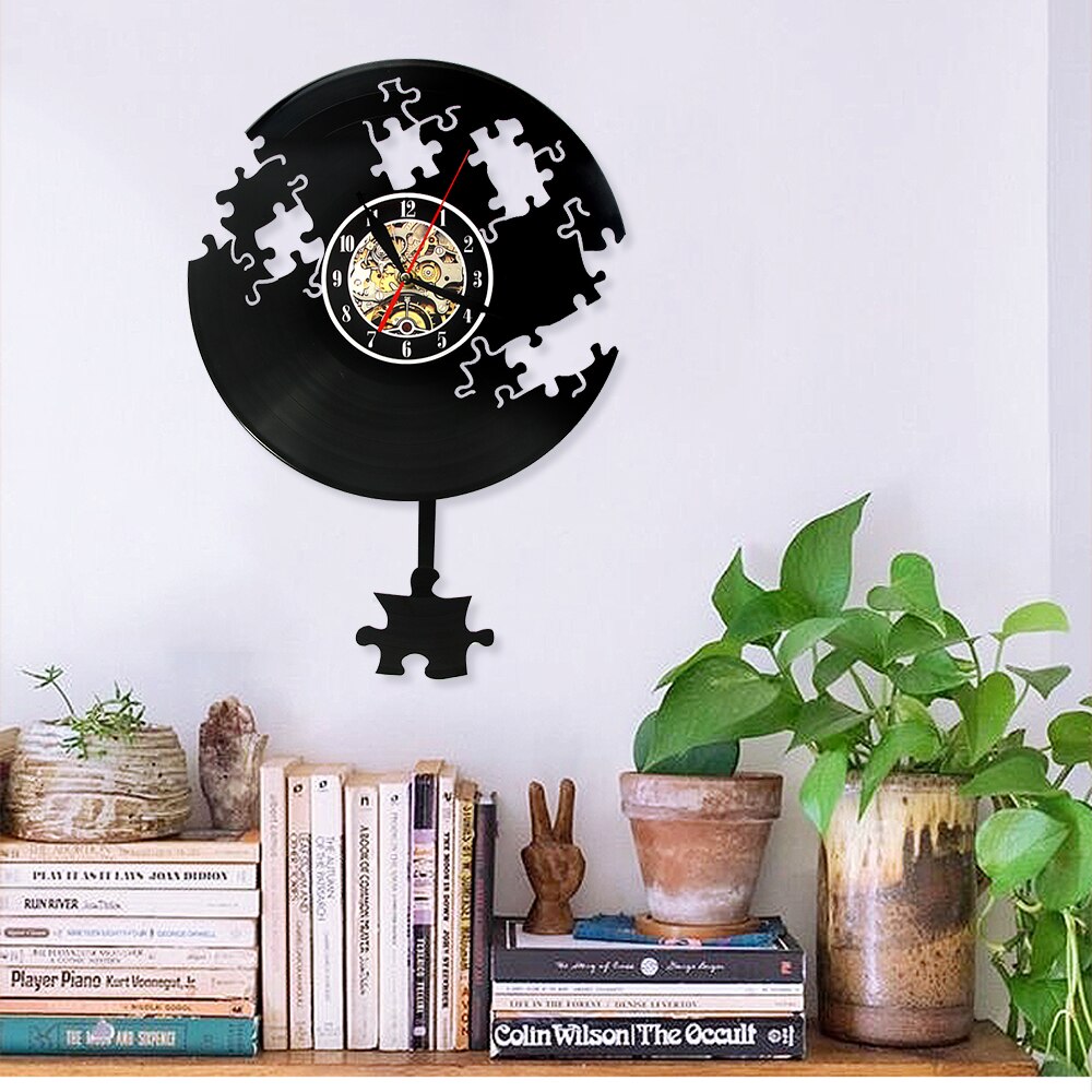 Jigsaw Wall Art Decor Falling Puzzle Wall Clock Modern Puzzle Vinyl Record Pendulum Clock Steampunk Clock Watch