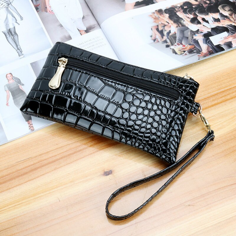Couro de patente carteiras femininas fallow longo senhoras duplo zíper carteira bolsa de embreagem design vermelho bolsas de crocodilo