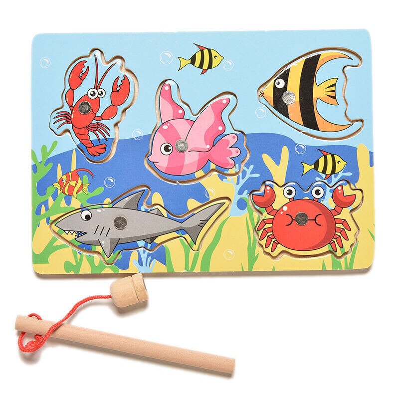 Children Fishing Game Wooden Ocean Jigsaw Board Magnetic Rod Outdoor Fun Toy For Kid Jogos De Tabuleiro Madeira Non-electric