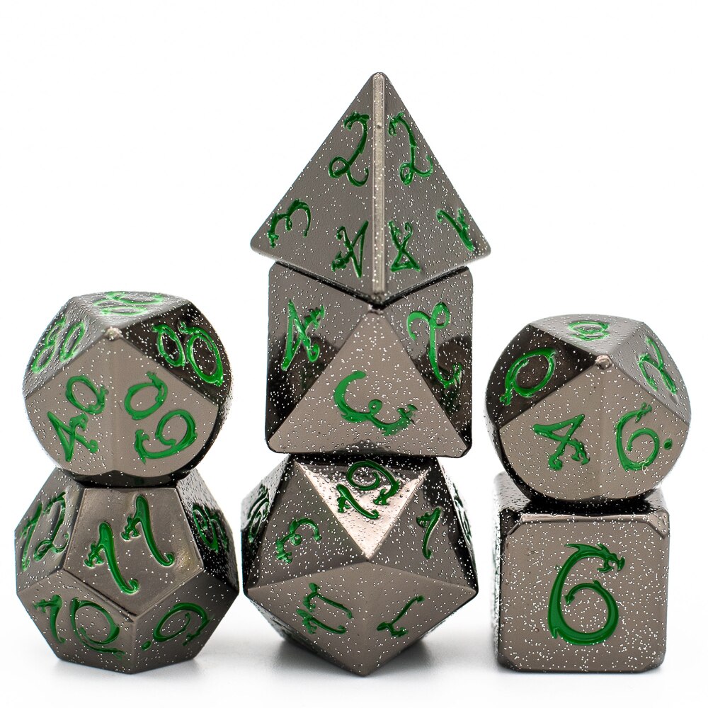 Cusdie Silber Pulver Metall D & D Würfel mit Drachen Schrift, 7 Stck DND Würfel, polyedrisch Würfel einstellen, für Rolle Spielen Spiel MTG Pfadfinder: DR36 Grün Zahlen