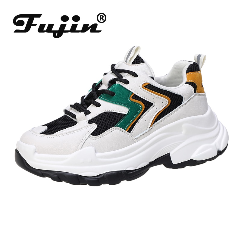 Fujin damesneakers blonder forår rund tå tyk bund kausal solid platform åndbare chunky sneakers til kvinder