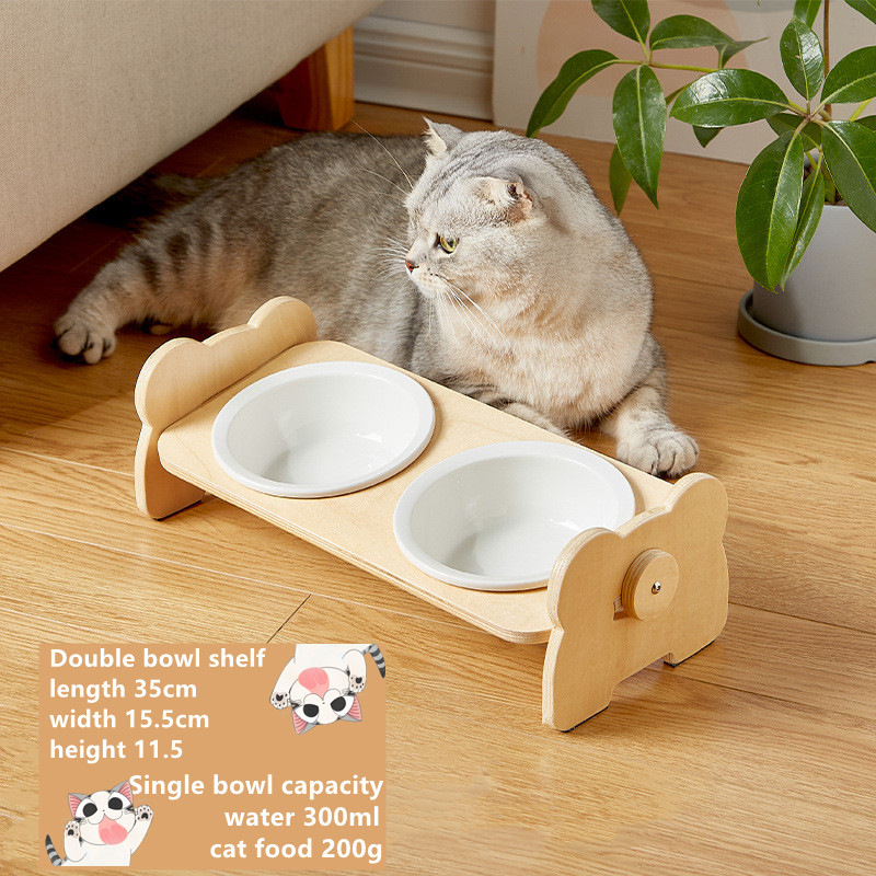 Kat Kom Keramische Dubbele Kom Met Schuine Mond Te Beschermen Cervicale Wervelkolom Kattenvoer Kom Anti-Kantelen Hond kom Verstelbare: Bear shelf Double