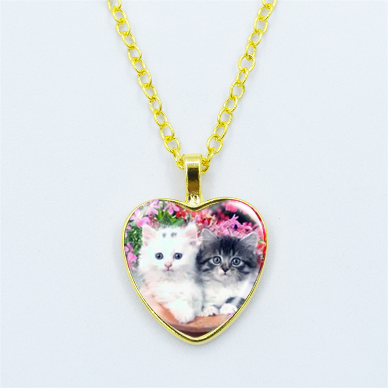 Collar con colgante de corazón de gato para mujer, joyería de cadena fina con cara de gema de cristal y Metal a la , accesorios de para niños: Rodio plateado