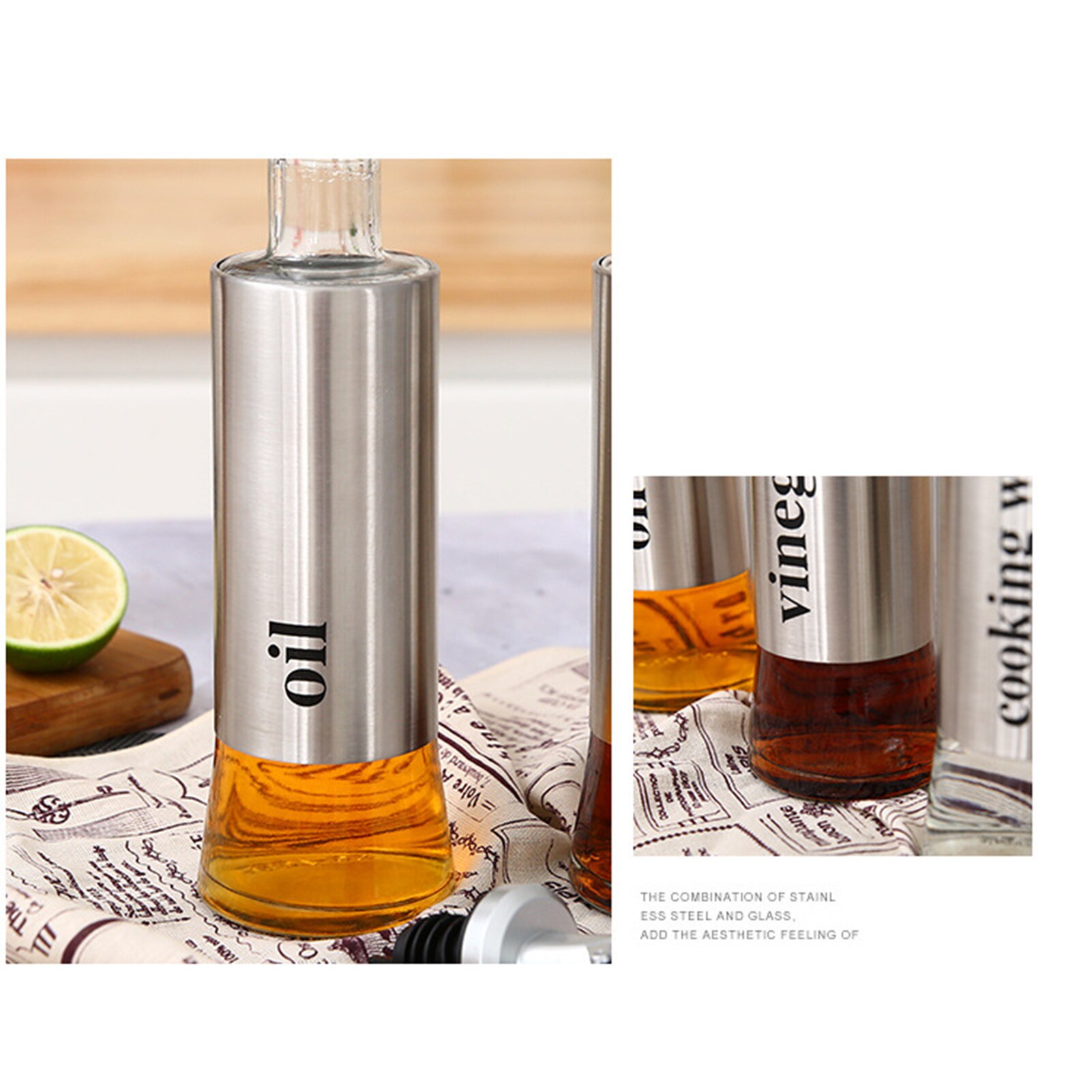 Rostfritt stål och glas olivolja cruet flaska, vinäger dispenser, krydda soja sås cruet flaska, läckage ,300 ml, köksredskap