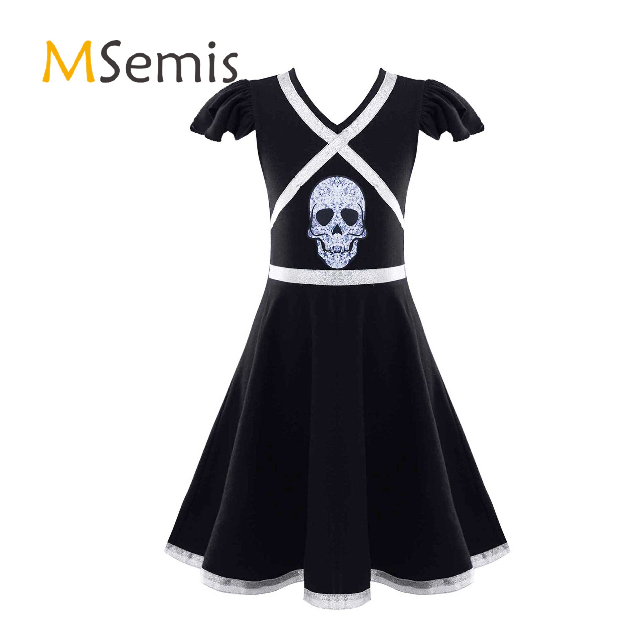 Kids Meisjes Halloween Cheerleader Jurk Flutter Mouw V Hals Kriskras Gestreepte Schedel Patroon Print Cheerleading Dans Jurk