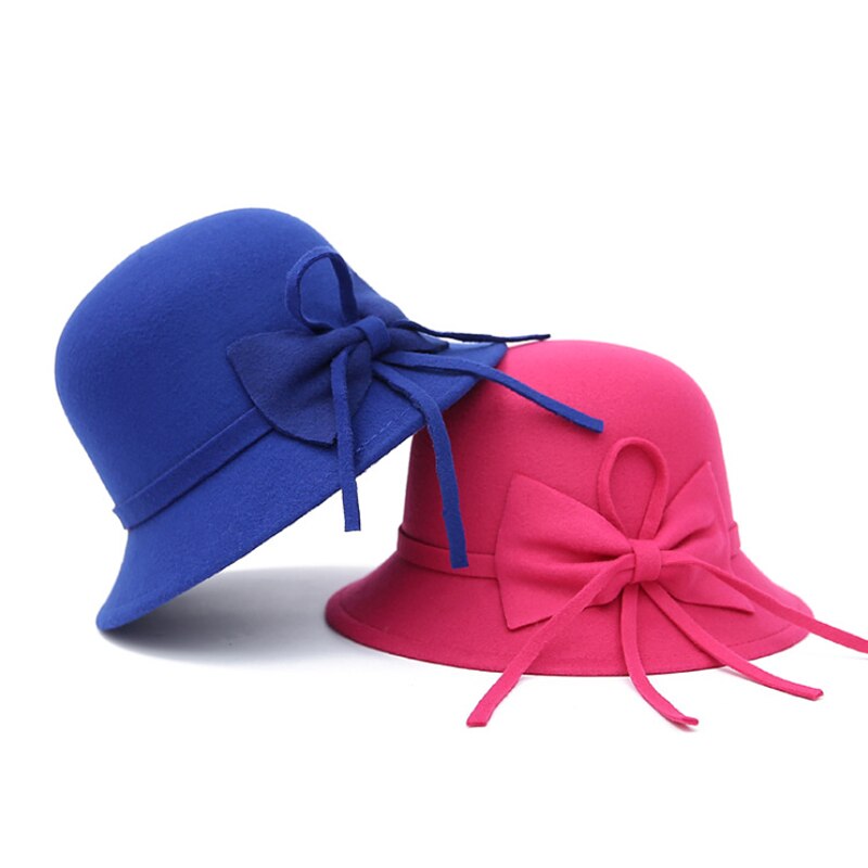 Vintage dam hatt ull topper höst och vinter rosett stor brättad keps strand bowknot vintrar hattar för kvinnor