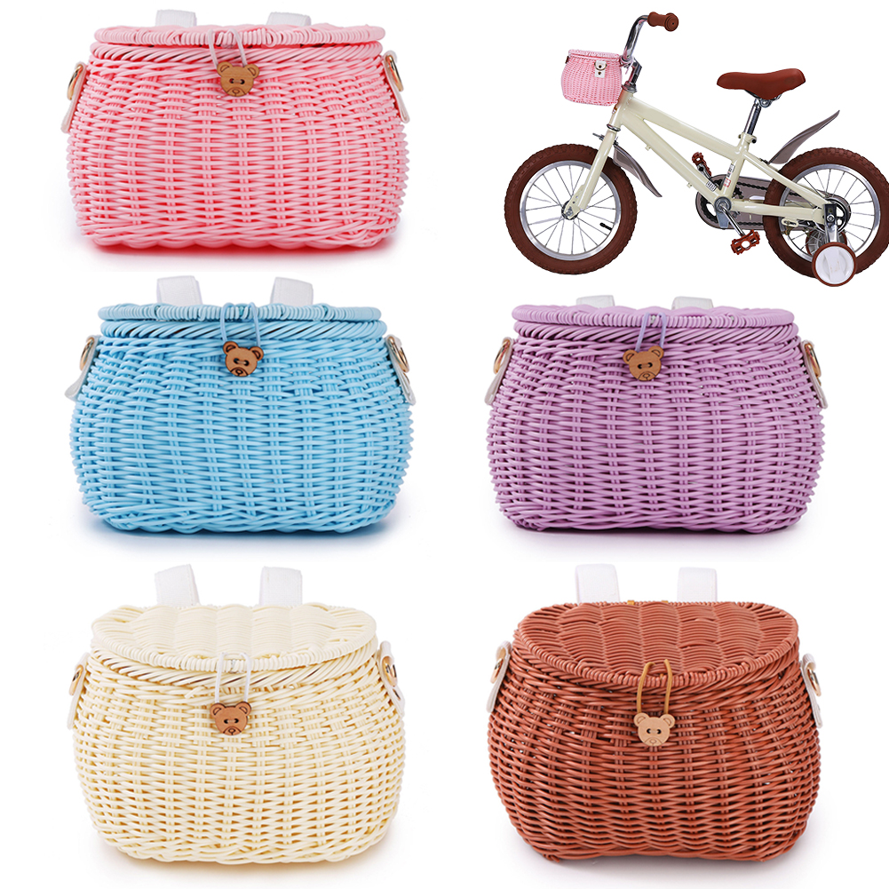 Cesta de bicicleta para niños, cesta de bicicleta tejida de plástico, cesta de mimbre para bicicletas para niños, cesta delantera para bicicleta, mochila, accesorios para bicicleta