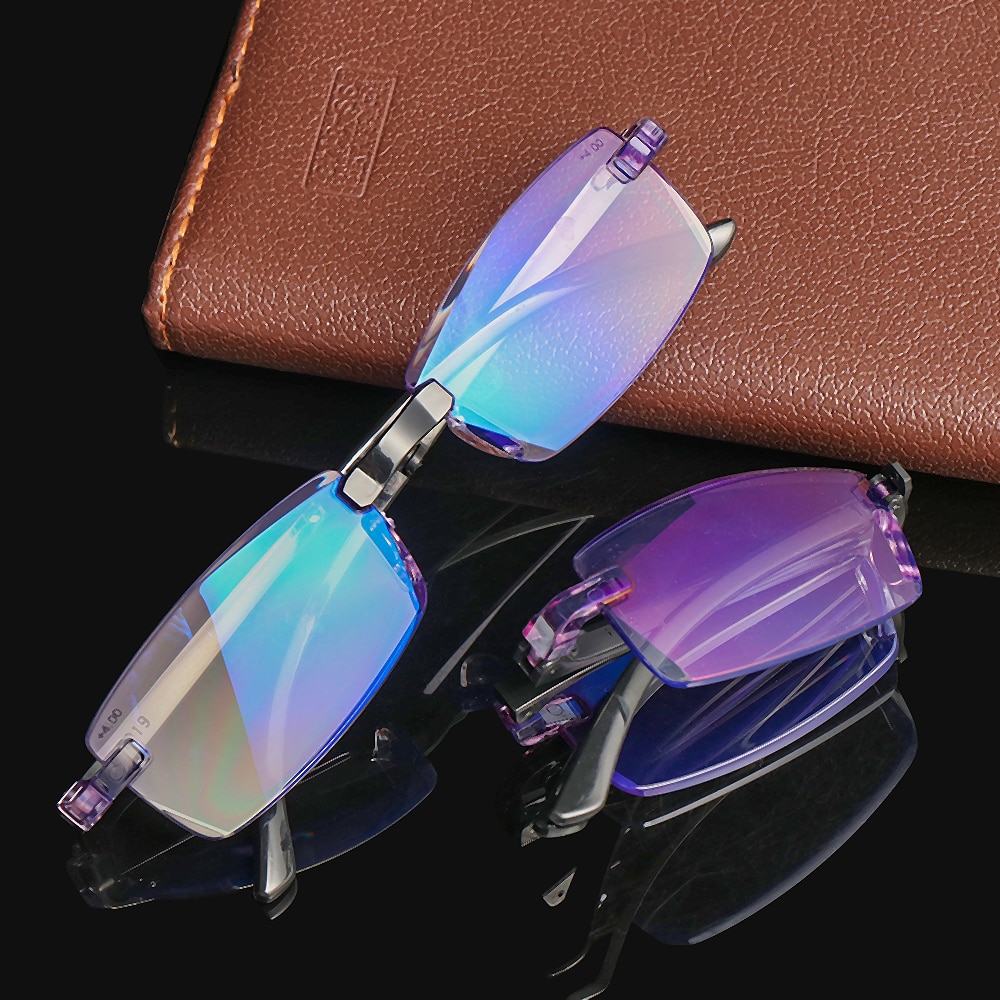 Mannen Frameloze Opvouwbare Leesbril Anti-Blauw Licht Bril Protector Verziend Met Glazen Doos + 100 ~ + 400