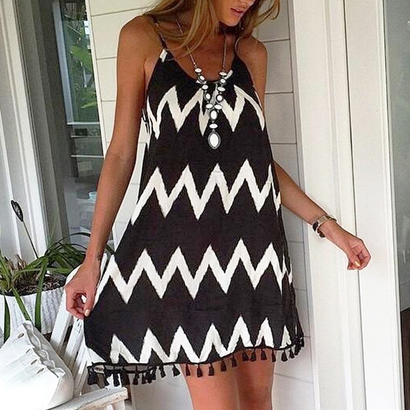 Female Wavy Strip Midi Dress Graceful Braces Shoulder Lady Dress Tassel Hem Summer Chiffon Beach Dress