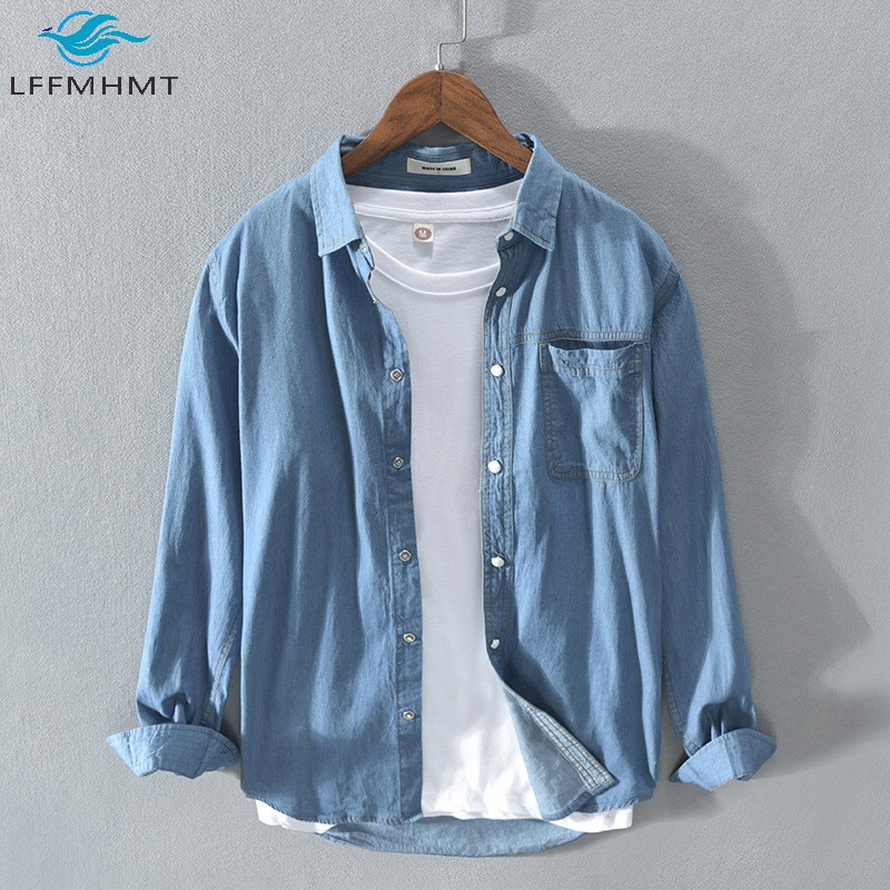 Wiosna jesień moda męska Solid Color z długim rękawem niebieska koszula dżinsowa męski Japan Style wysokiej jakości prosty Casual Slim Fit Top bawełniany