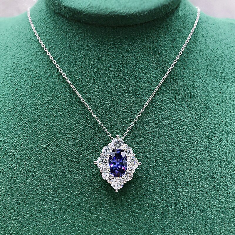 Oevas 100% 925 sterling silber 6*9mm saphire, hochkohlenstoffhaltige diamanten 43cm anhänger halskette für damen funkelnder hochzeitsschmuck