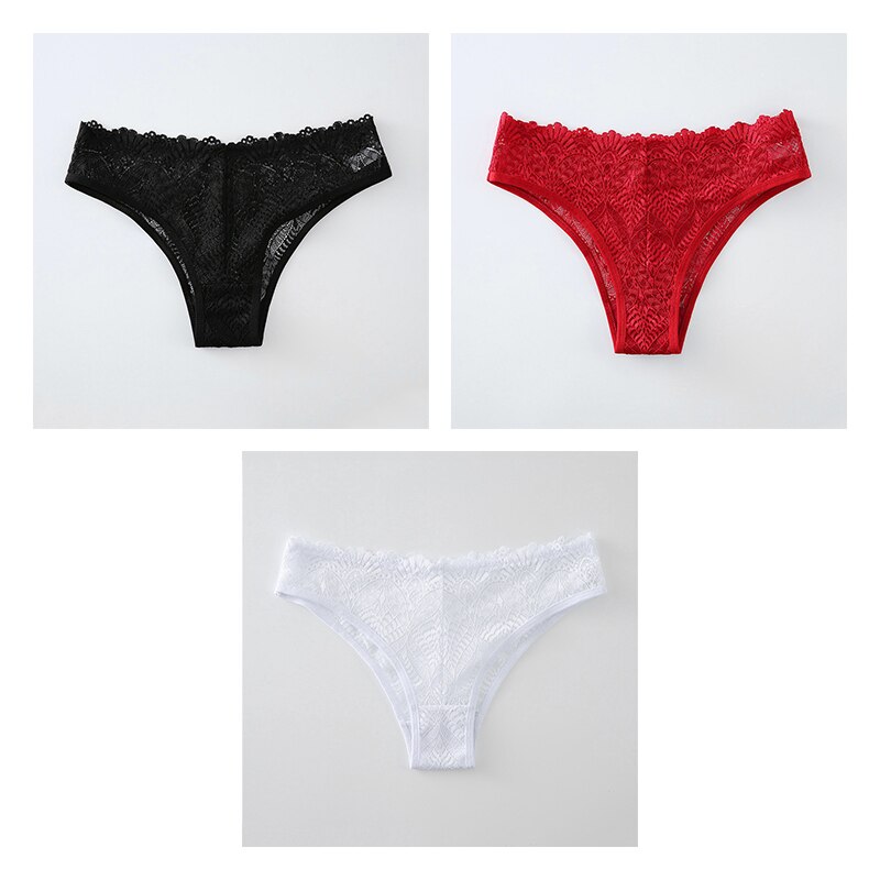 BANNIROU 3pcs Sexy Lace Women&#39;s Panties Sexy Briefs Underwear For Women Female Underpants Solid Mid-Rise Ladies Intimates 2022: black-red-white / M