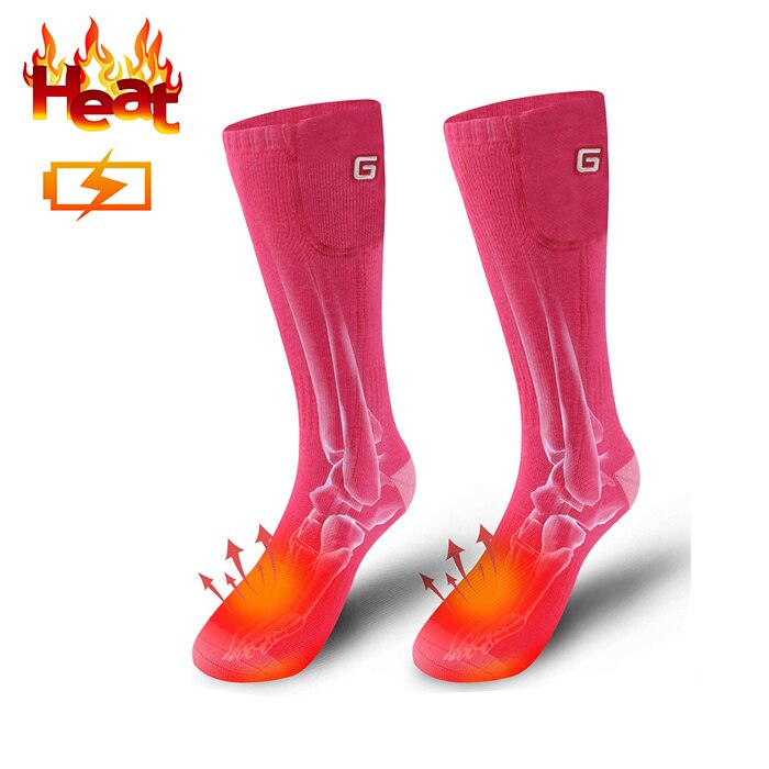 Genopladeligt elektrisk batteri opvarmet varm sokkesæt til kronisk kolde fødder, indendørs udendørs sports termiske sokker til mænd og kvinder: Lyserød