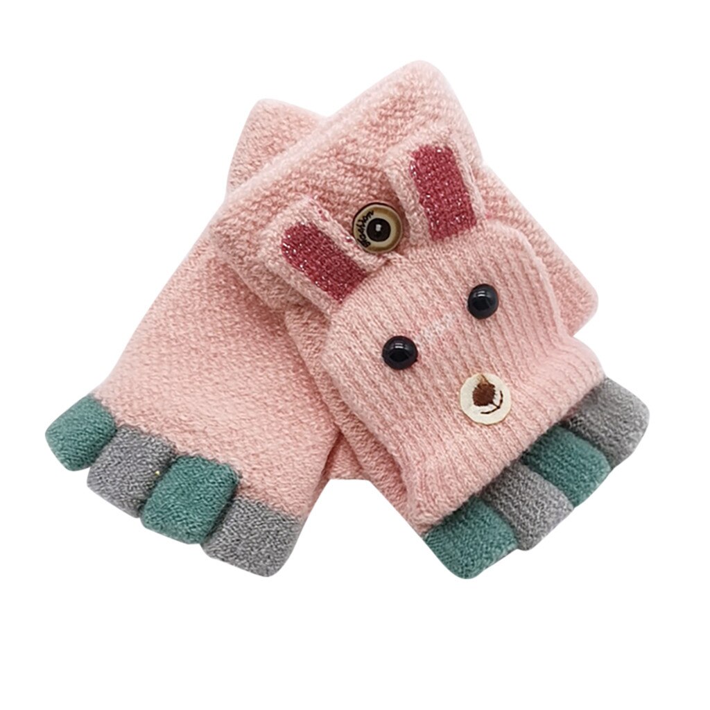 Baby Winter Handschoenen Kinderen Meisje Jongen Half Vinger Convertible Flip Top Cover Handschoenen Dier Warm Kinderen Gebreide Wanten # P4: Roze