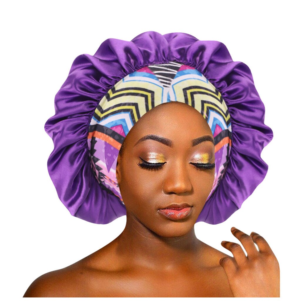 Reversible Satin Bonnet Double Layer Adjustable Size Sleep Night Cap Head Cover Bonnet Hat For For Curly Springy Hair Black: Purple