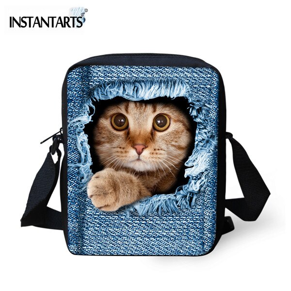 Instantarts Kawaii 3D Denim Kat Print Vrouwen Mini Messenger Bag Mode Dames Reizen Schoudertas Cross Body Bags: C3304E