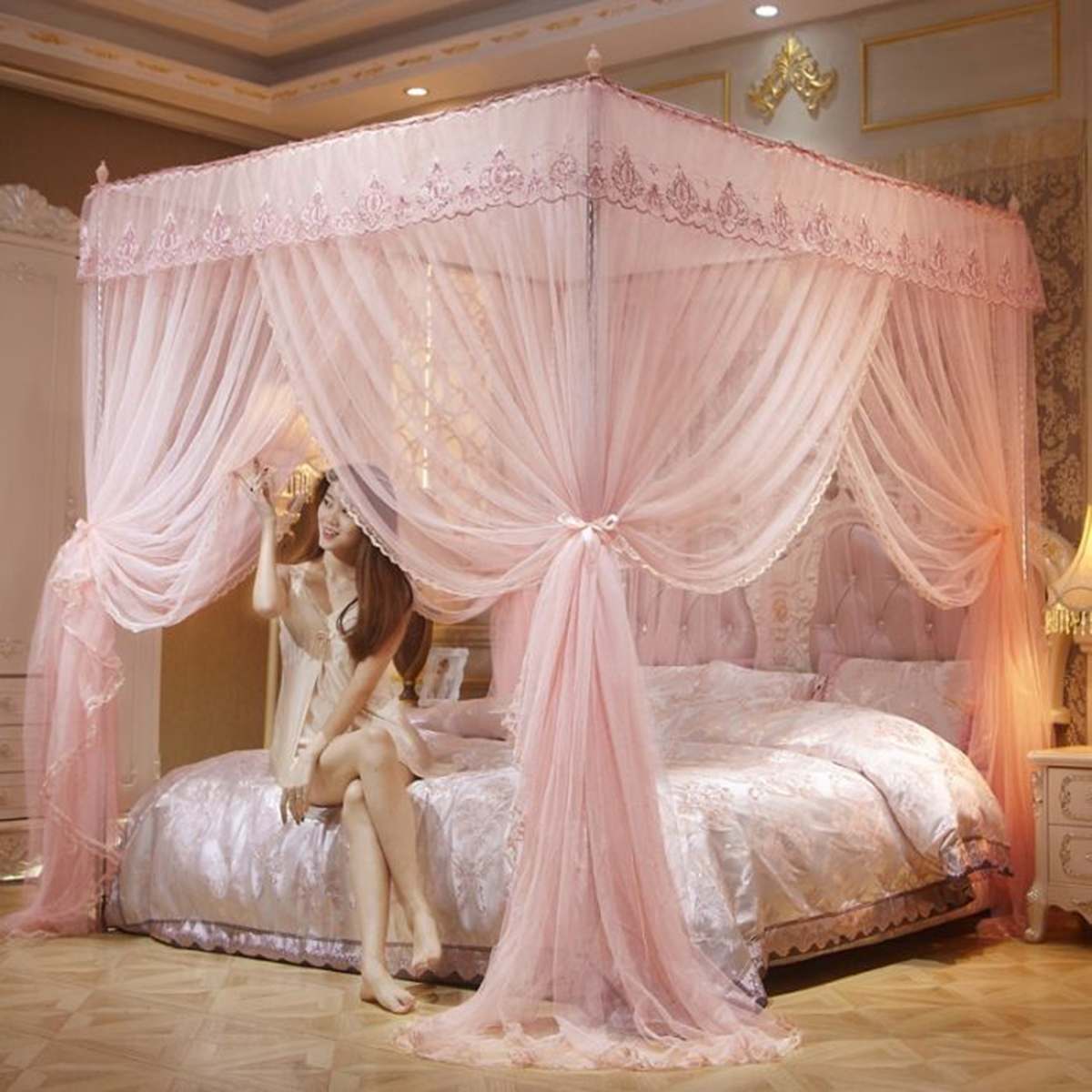 Mosquito Net Pink Purple For Double Four Corner Bed Post Bed Canopy Mosquito Net Full Queen King Size Bedding: jade