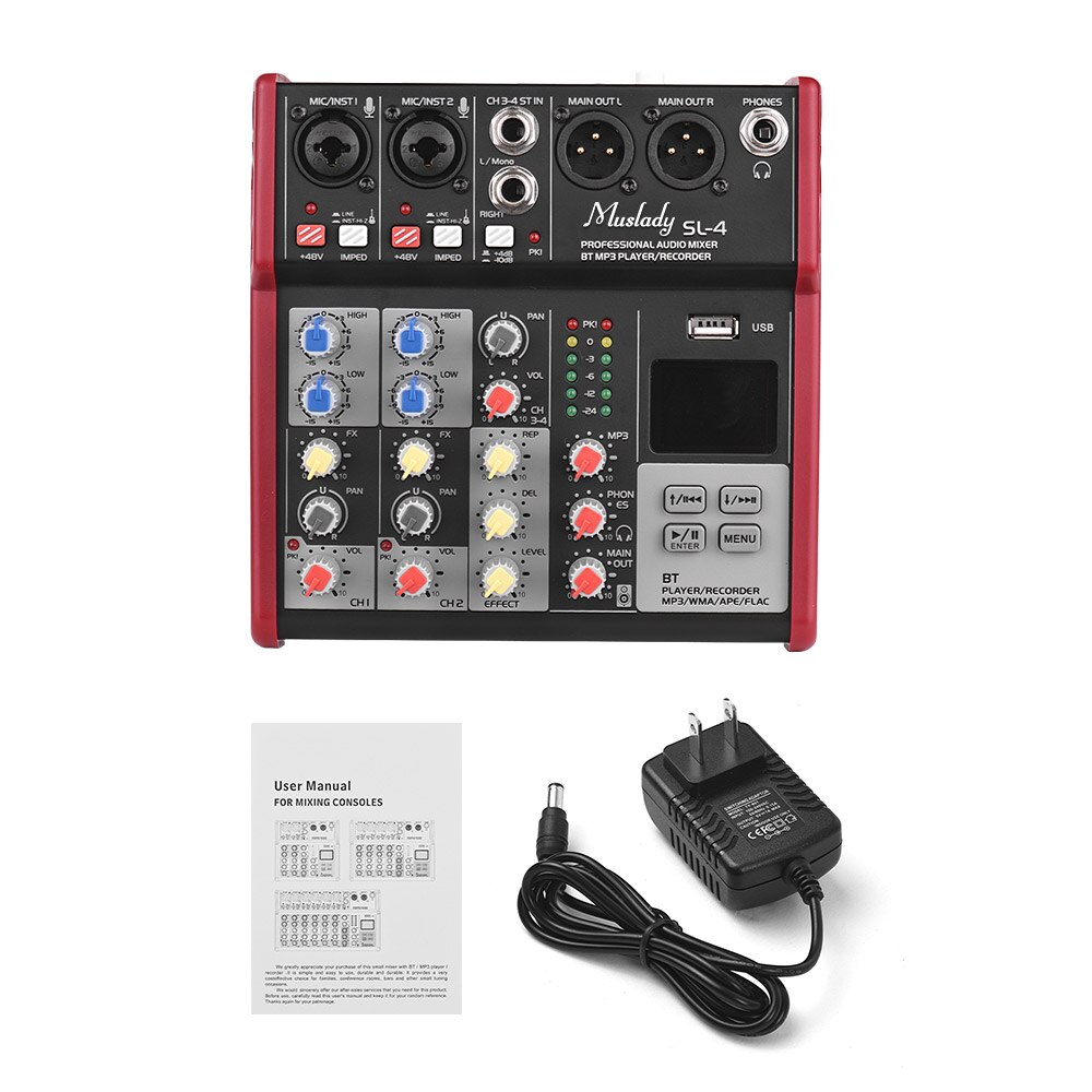 Muslady SL-4 Compact Size 4-Channel Mixing Console Mixer 2-band EQ Built-in 48V Phantom Power Supports BT Connection USB: US Plug