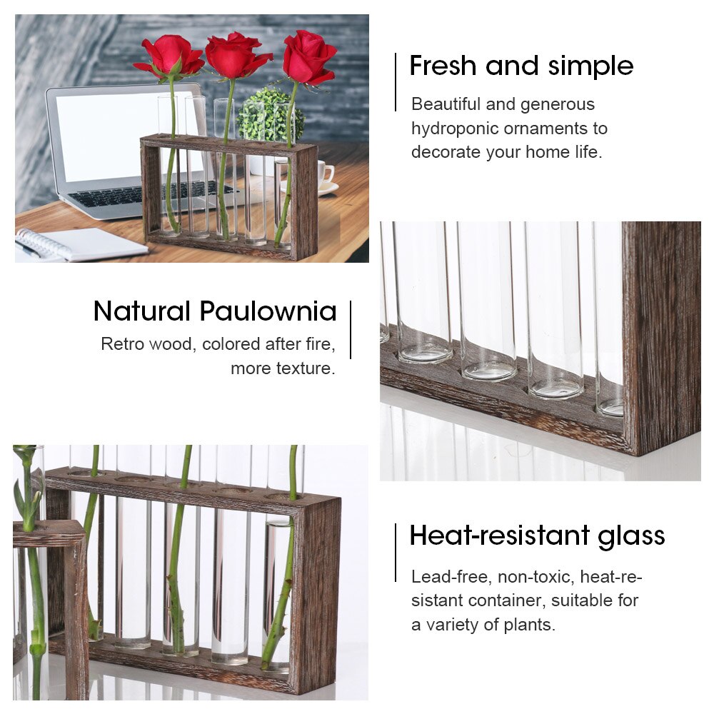 Glas provrör vas plantera blomkrukor med trä stativ hydroponiska växter bonsai kruka hem bordsskiva trädgård dekoration