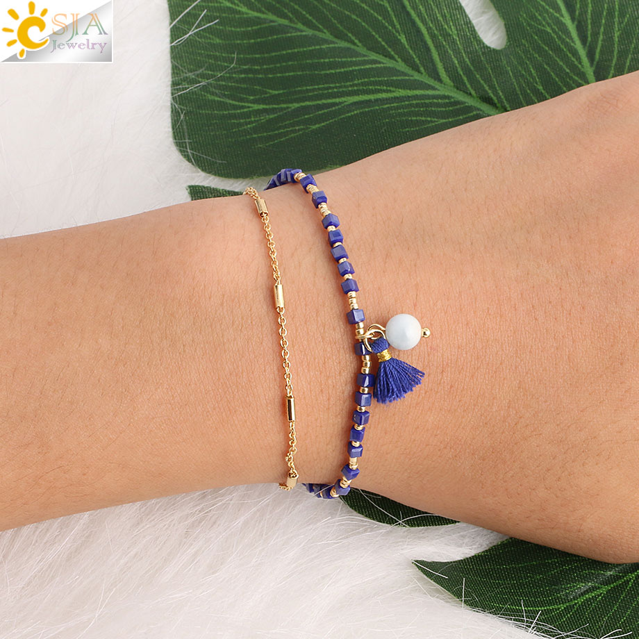 CSJA bohème brassard Delica Miyuki Bracelet perles Bracelets couleur or Femme gland frangé Chic deux couches Mini Pulseras S413