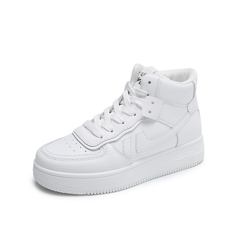 Dame sneakers pu slik farve rund tå snøre høj top board sko hip-hop afslappet kvinder moderigtige sportssko ins trend: Beige / 35