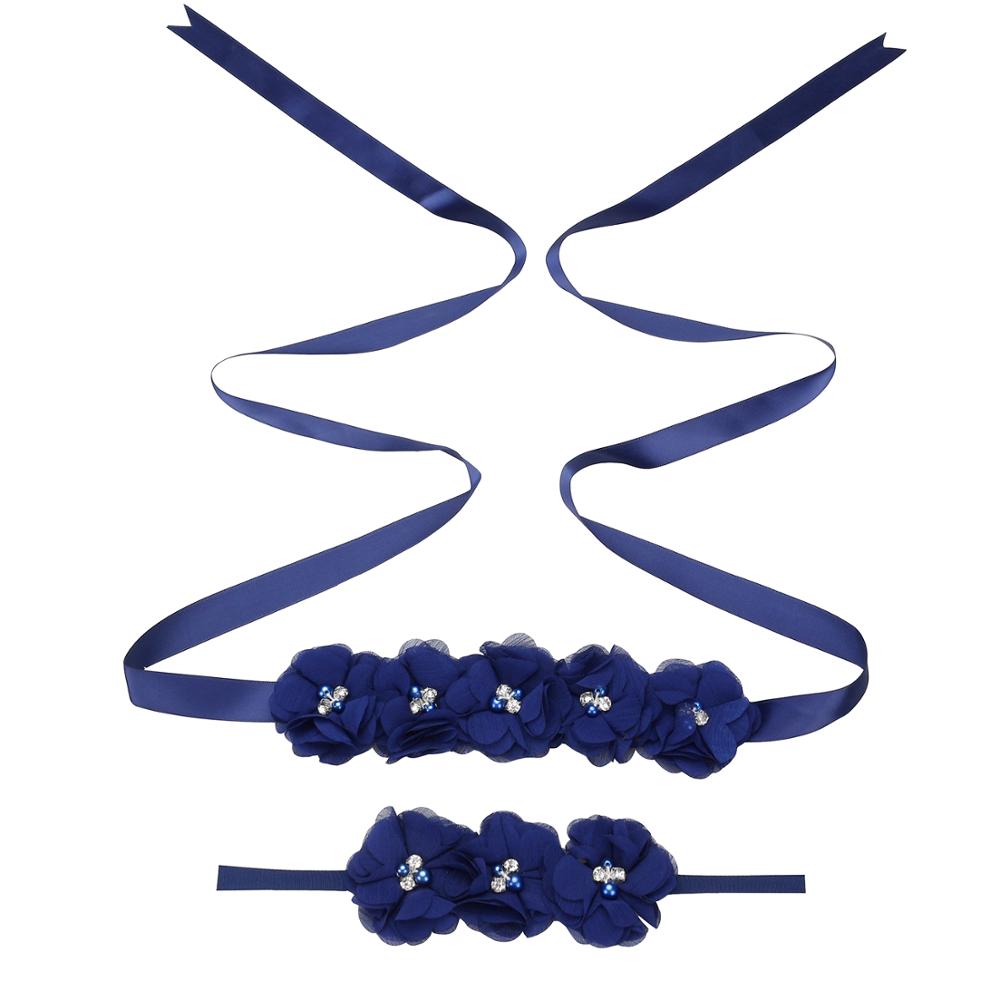 Nuevos cinturones de flores de cinta de seda cinturones de fajín de señora niña con niños Chiffon flor diadema accesorios de boda decoraciones: Blue