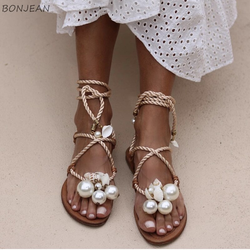 Women cross lace up sandals with pearl flip flop women Pearl flat Sandals Beach Party Dress shoes summer Roman Flat