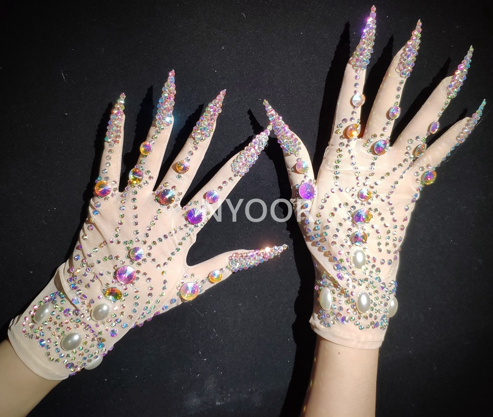 Luxurious Rhinestone Pearls Gloves Women Sparkly Crystal short Gloves Dancer Singer Nightclub Stage Performance Show Accessories: AB color