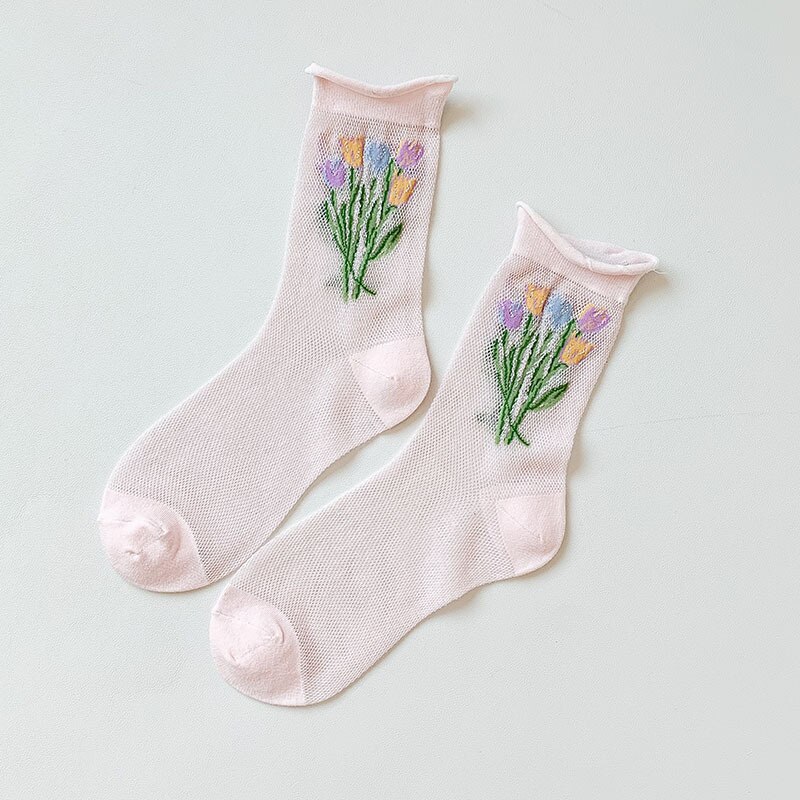 Produkt sommer gennemsigtige ultratynde korte sokker behagelige åndbare absorbere sved slik farve slik farve blomster kvinder: Lyserød