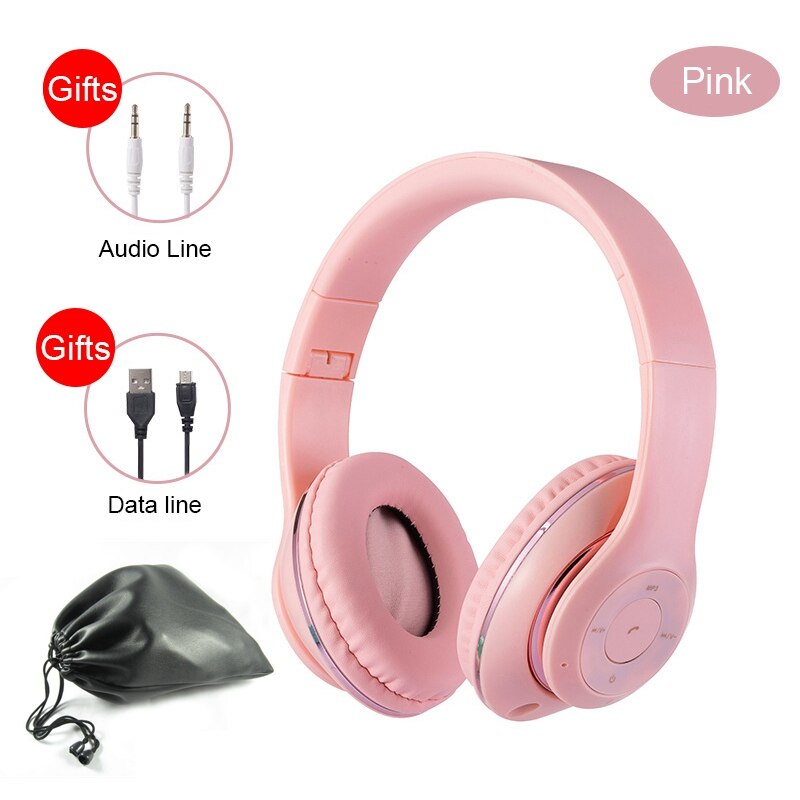 Foldable Bluetooth Wireless Headphones With Mic For Phone Tablet Music Noise Cancel Bass наушники Girl Kid Man Headset with Bag: pink