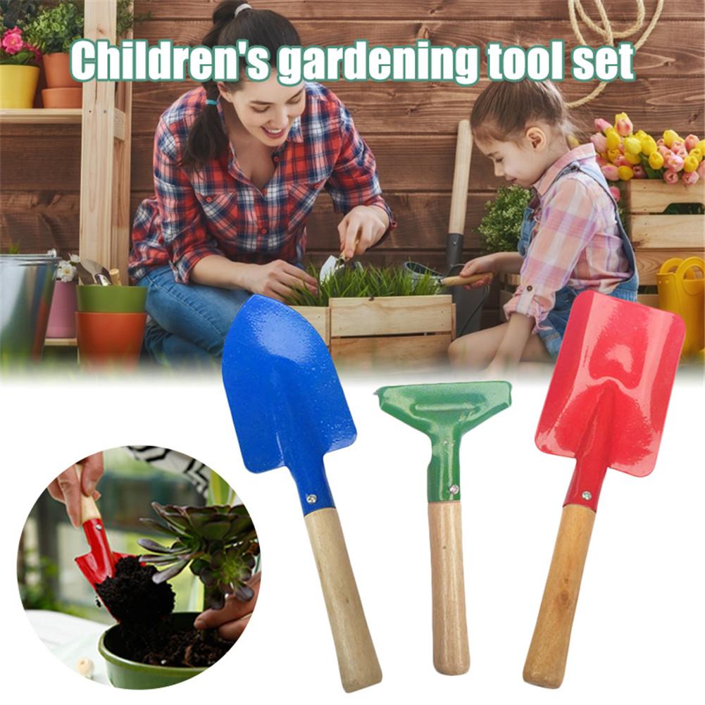 3Pcs Mini Kinderen Tuinieren Tool Set Troffel Rake En Schop Met Hark Schop Met Stevige Houten Handvat