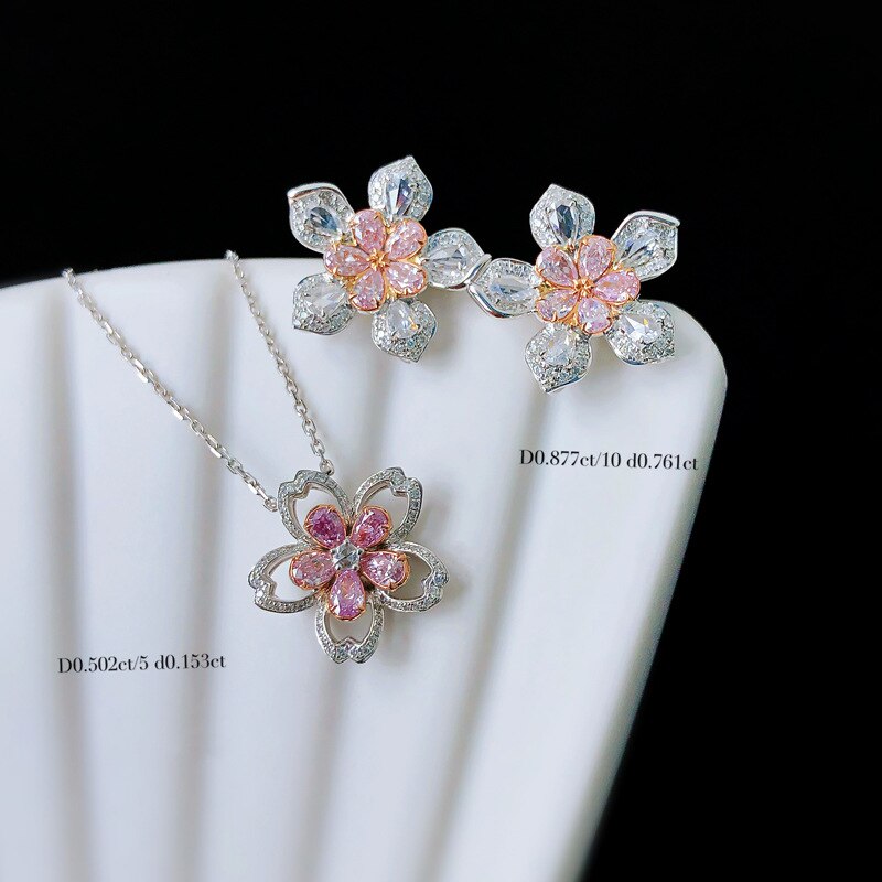 Bague en Zircon rose, fleur de cerisier, ensemble de boucles d'oreilles, collier, anneau ouvert, pendentif, bijoux, ensemble de trois pièces,