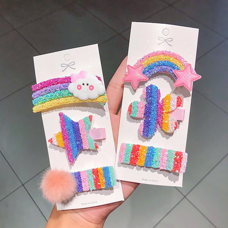 3 stuks schattige kleurrijke regenboogclips voor meisjes in de sky-serie met kleine pailletten en haaraccessoires in de vorm van een wolk met regenboog.