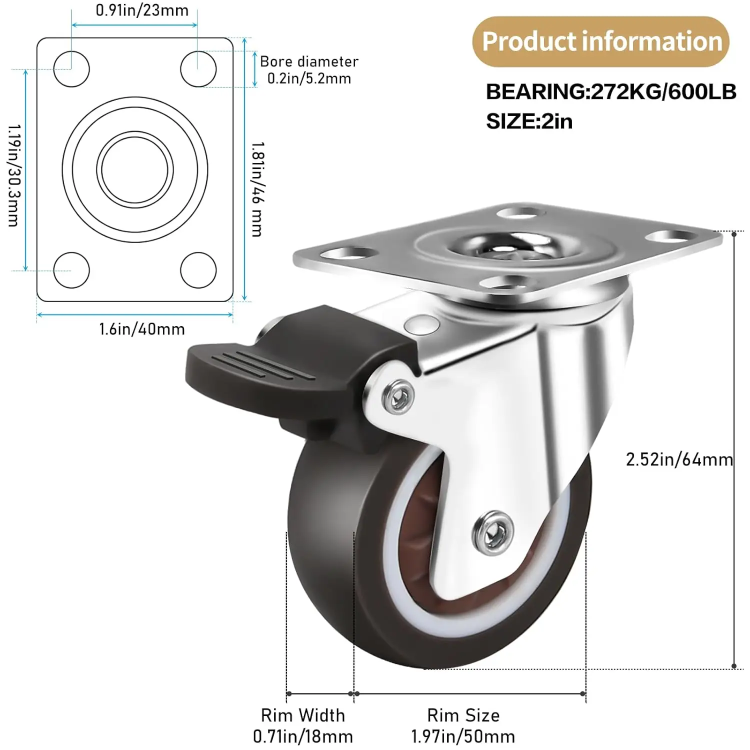2 Inch Caster Wheels for Furniture, Rubber Swivel Caster Wheels Set of 4, Heavy Duty Casters with Capacity 600 LBS
