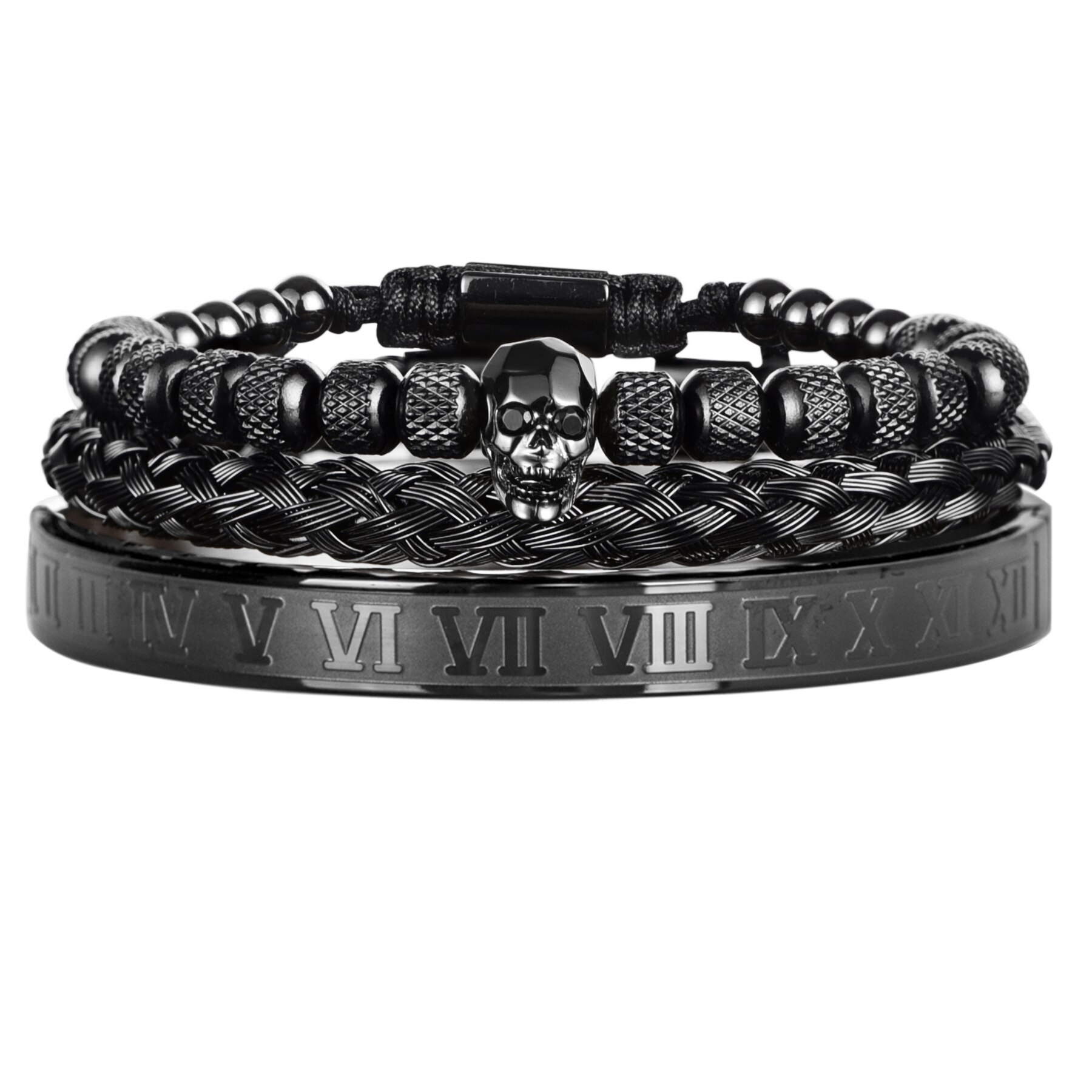Conjunto de 3 unids/set de pulseras de acero inoxidable para hombre, Set de 3 unids/set de brazaletes con de Calavera, Oro Negro, esmalte, número romano, joyería europea para parejas