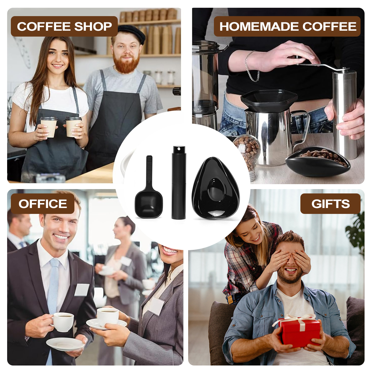 Leeseph Juego de cucharas y tazas dosificadores de granos de café, kit de bandeja medidora de recipiente dosificador de cerámica para café o té, accesorios para café expreso