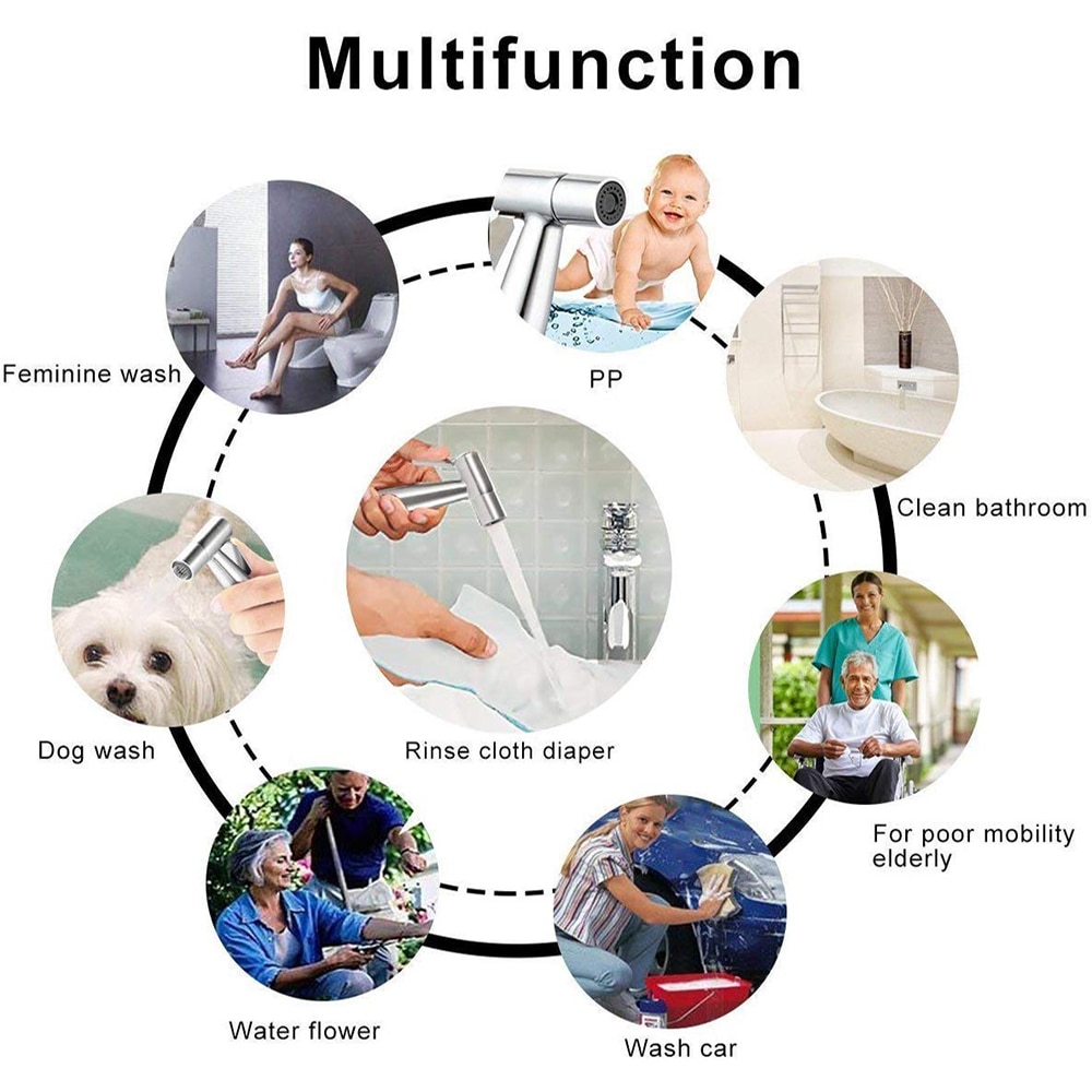 Bidet Sprayer Set Toilet Handheld Two Function Bidet Shower Faucet Bathroom Stainless Steel Hand Tank Hooked Holder Easy Install