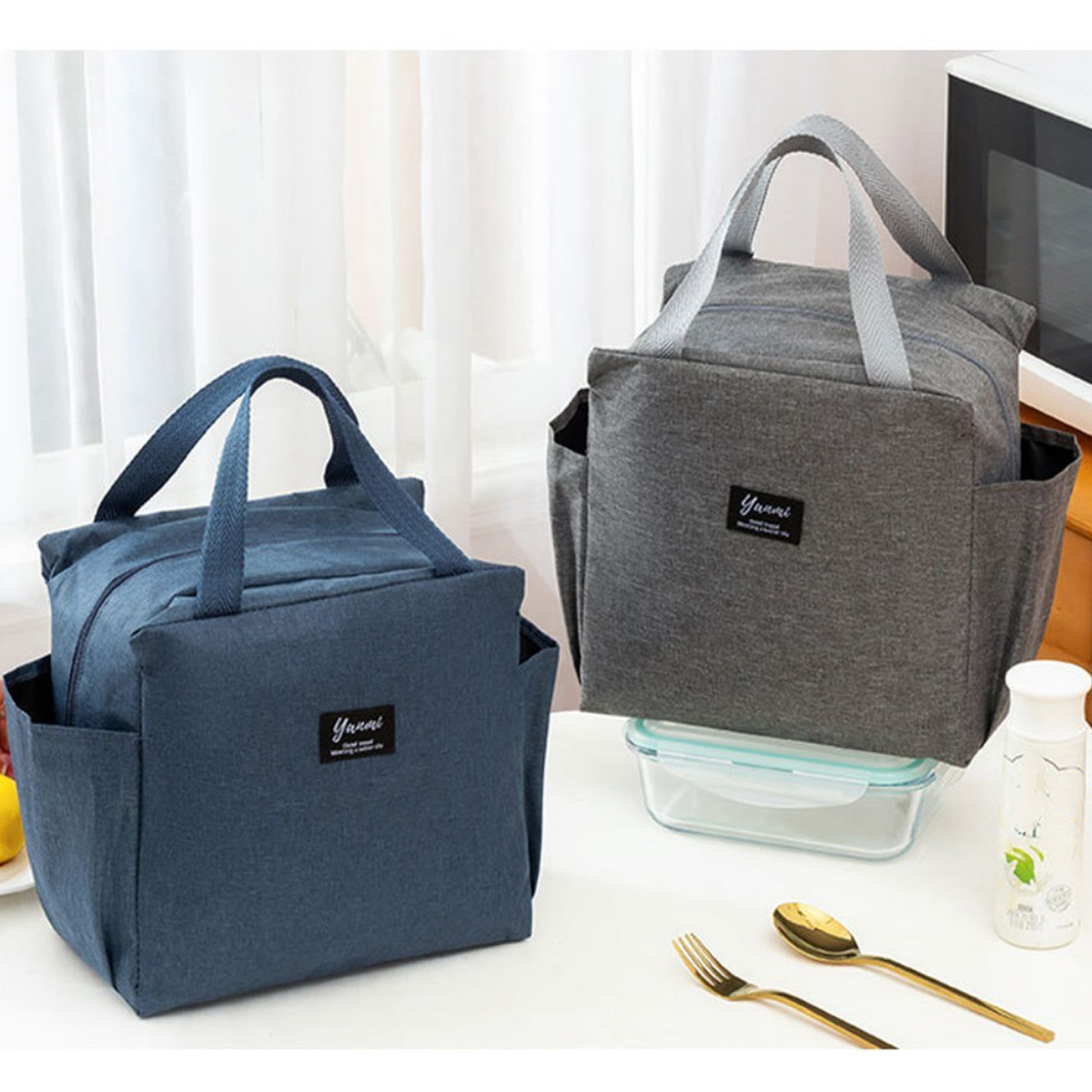 Double pockets Portable lunch bag lunch box insulated canvas tote bag school lunch portable dinner box picnic food storage: SKY BLUE