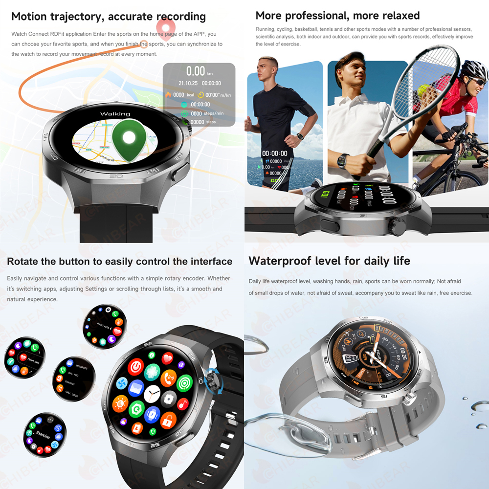 Smartwatch 2025 dla mężczyzn Huawei Kompas sportowy Na zewnątrz NFC Połączenie Bluetooth GPS Tętno Zdrowie Wodoodporny Smartwatch pogodowy