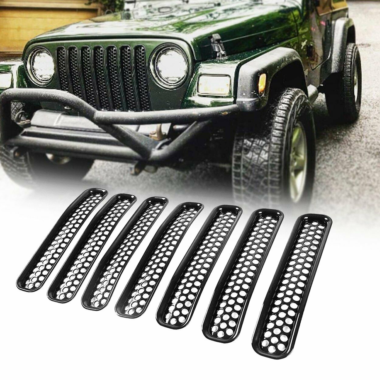 Malla de panal de abeja, insertos de parrilla delantera, forJee Wrangler TJ Unlimited, 1997-2006, 7 Uds.